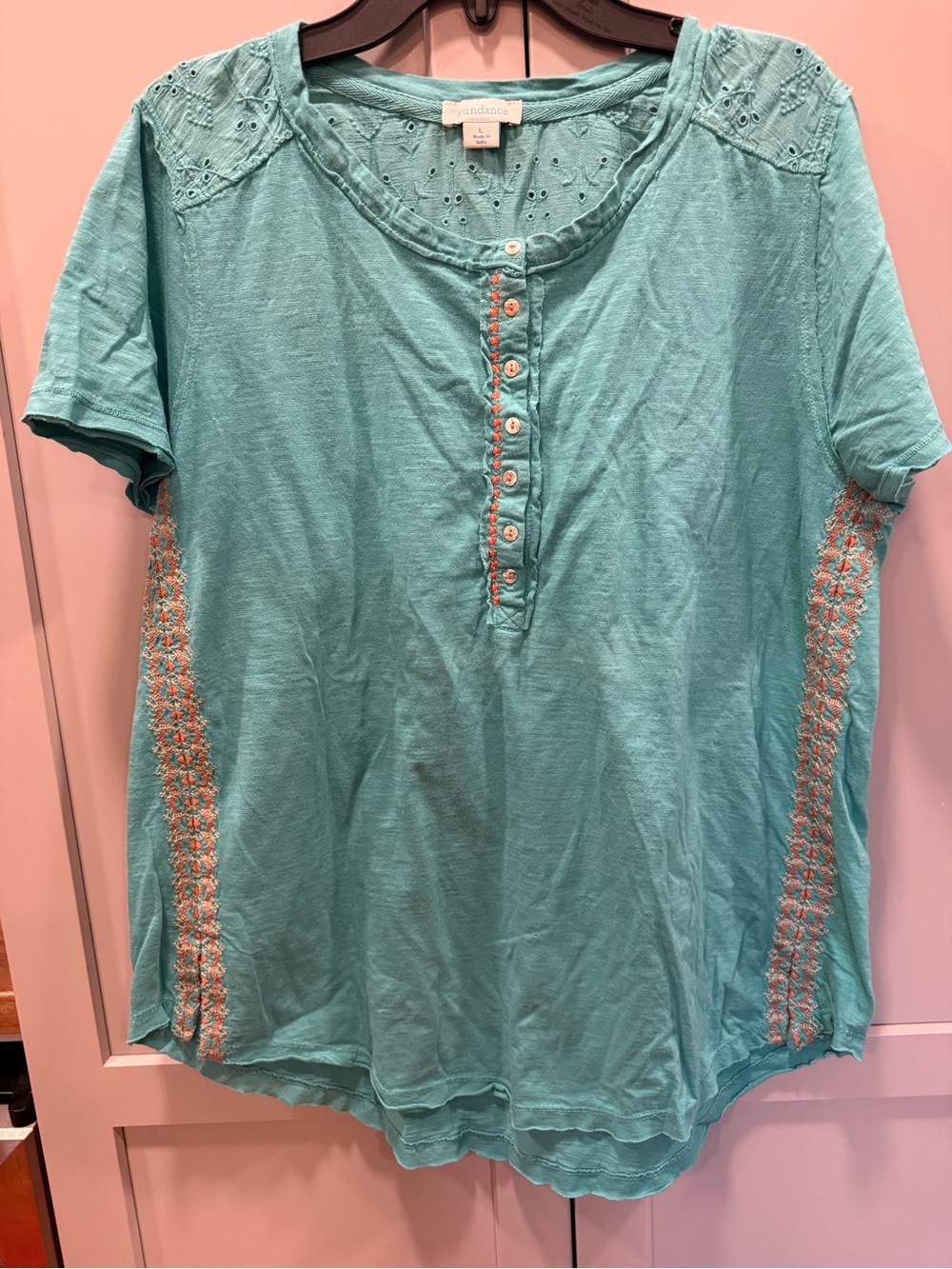 Sundance Turquoise Short Sleeve Henley with Crochet Side Trim